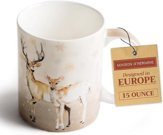 Maison d' Hermine Coffee Mug with Handles Tea Cups (15 Ounce, Pack of 1) | Fine Bone China Coffee Mugs for Hot Beverages Cappuccino Latte Home Restaurant Spring Summer -Deer In The Woods - Oh Deer by MaisondHermine