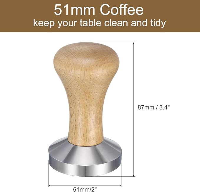 uxcell 51mm Espresso Tamper, Stainless Steel Press Tool Tamper with Wooden Handle, Espresso Accessories for Baristas, Home, Shops, Cafe (Flat Base, Light Wooden)