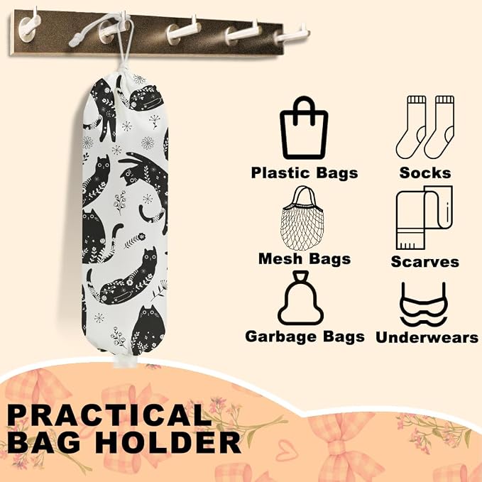 Black White Floral Cat Plastic Bag Holder, Wall Mount Grocery Bag Holder | Plastic Bags Storage, Vibrant Cats Reusable Grocery Bags Storage Dispenser for Home Kitchen Decor, Cat Lover Gifts for Women - Image 3