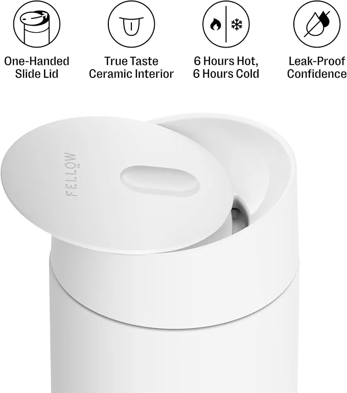 Fellow Carter Slide Ceramic Lined Travel Coffee Mug 12 oz, One-Handed Lid | No Metallic Taste Stainless Steel Coffee Tumbler, Leak-Proof, Hot 6Hr Cold 6Hr, BPA-Free, Dishwasher Safe, Matte White - Image 2