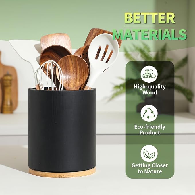 Black Utensil Holder, 360° Rotating 7.3 in Kitchen Organizer | Rustic farmhouse countertop decor. 360° rotating base holds spatulas, ladles, tongs, and cooking tools. Sleek black finish - Image 5