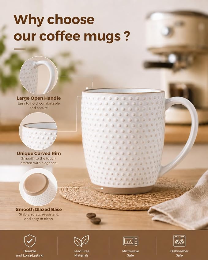 GBhome Large Coffee Mugs Set of 4, 16oz Handmade Embossed Coffee Mugs Set with Large Handle for Cappuccino/Latte/Tea/Hot Cocoa, Dishwasher & Microwave Safe, Off White - Image 4