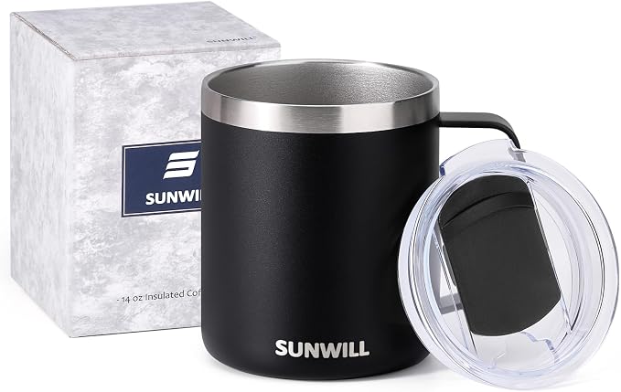 SUNWILL Travel Coffee Mug with Lid, Insulated Tumbler with Handle, 14oz Stainless Steel Cup for Camping, Outdoor, Powder Coated Black - Image 5
