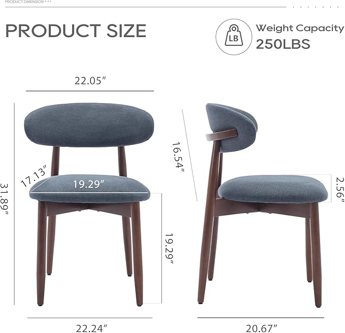 COLAMY Wooden Dining Chairs Set of 2, Modern Fabric Upholstered Dining Room Chair, Farmhouse Kitchen Side Chairs with Foot Pegs, Blue - Image 2
