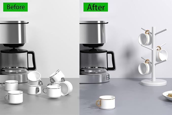 Dorhors Mug Holder Tree,Coffee Cup Holder,Mug Rack Stand Hook,Bar Organizer | White Wood Coffee Station Accessories 6 Hook,Coffee Shelf Decor for Kitchen Countertop,Counter Storage Display Mug,Cup - Image 2