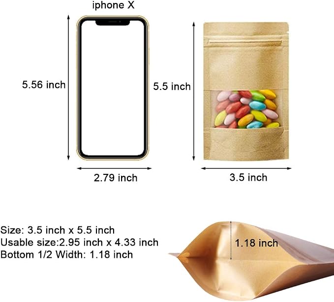100 Pcs Resealable Stand Up kraft Paper Bags with Window for Packaging Products, Reusable Zip Lock Food Storage Pouch Bags (3.5" x 5.5") - Image 3