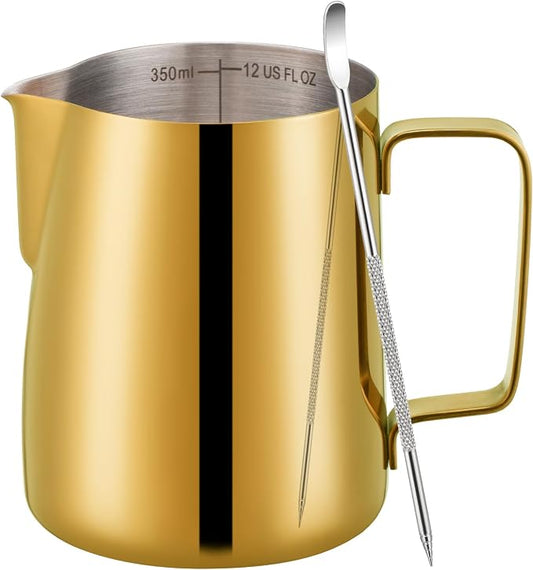 Amrules Milk Frothing Pitcher, 12 oz Milk Frother Cup with Clear Scale, 304 Stainless Steel Cappuccino Espresso Machine Accessories for Barista Coffee Bar with Latte Art Pen, Gold by Amrules