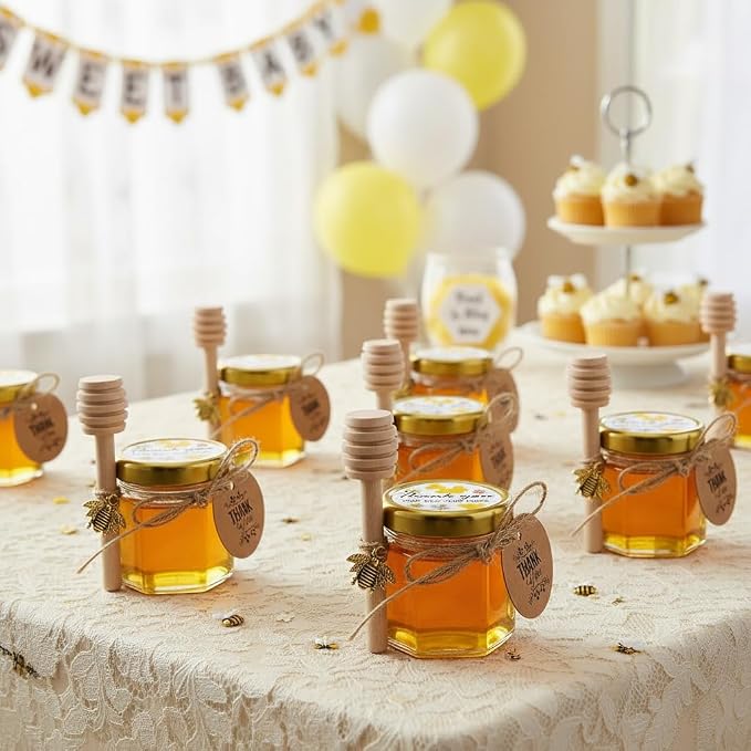 Adabocute 60 Pack Mini Honey Jars with Dipper - Honey Pot with Gold Lid, Bee Pendants, Jutes, Gift Bags and Stickers - For Baby Shower Wedding Favors - Image 4