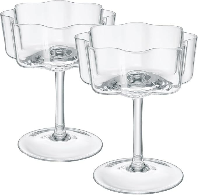 Khen Vintage Wavy Glass Coupes Martini, Champagne & Cocktail Coupes - Set of 2-7oz Colorful Cocktail Glasses & Champagne, Prosecco, Mimosa Glassware Copyright Design - Crystal Clear by Khen