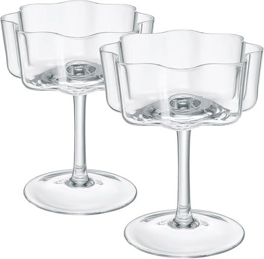 Khen Vintage Wavy Glass Coupes Martini, Champagne & Cocktail Coupes - Set of 2-7oz Colorful Cocktail Glasses & Champagne, Prosecco, Mimosa Glassware Copyright Design - Crystal Clear by Khen