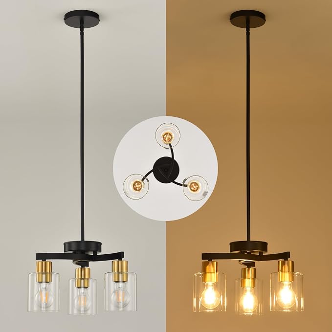 Black Brass Dining Room Chandelier, 3 Light Modern Industrial Pendant Light for Kitchen Island, Adjustable Height Ceiling Light with Clear Glass Shades,E26 Base,Dimmable - Image 4