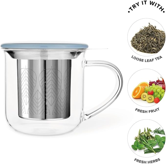 VIVA Minima Eva Glass Tea Cup with Mesh Infuser - Coffee Mug With Porcelain Lid/Saucer - 14 oz / 400 ml, Hazy Blue