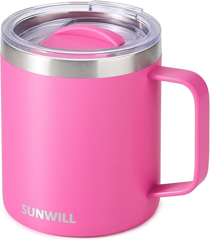 SUNWILL Insulated Coffee Mug with Lid, Travel Tumbler with Handle, 14 oz Stainless Steel Cup for Home, Office, Camping, Powder Coated Magenta by SUNWILL