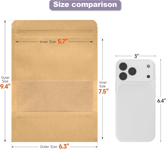 Kraft Paper Bags with Transparent Window, Stand Up Pouches Smell Proof Bags | 100 Pcs 6x9 Inch Resealable Bags for Small Business, Zipper. Food Storage, for Packaging Snacks Cookies Candy - Image 2