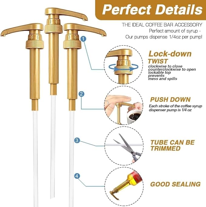 6 pcs Syrup Pump with Cap to Avoid Dripping, Leak Proof Coffee Syrup Dispenser, Fits 25.4 Oz/750ml Coffee Flavoring Syrup Bottles, Great for Home & Coffee Bar Drinking Mixes, Cocktails, Beverage