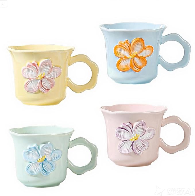 Cute Floral Coffee Mug Set of 4-12oz Ceramic Flower Embossed Cups with Petal Handles, Dishwasher and Microwave Safe by LGQ