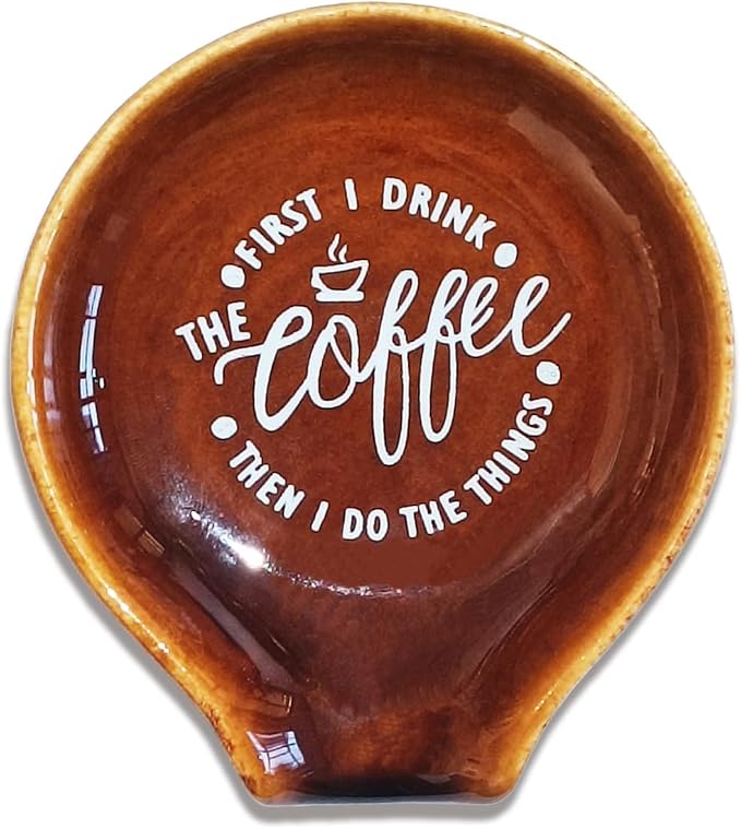 Littlefa Coffee Spoon Rest Holder-Coffee Bar Accessories-Rustic Brown | Farmhouse Ceramic Coffee Spoon Rest for Coffee Bar Accessories Essentials, Coffee Lovers Gifts, But First I Drink Sign by Littlefa