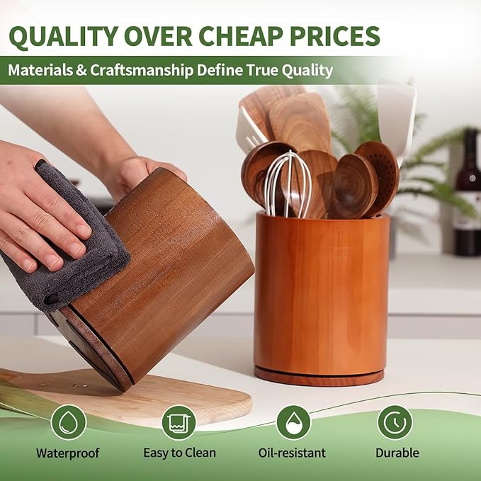 Walnut Utensil Holder, 360° Rotating 7.3 in Kitchen Organizer | Rustic farmhouse countertop decor. 360° rotating base holds spatulas, ladles, tongs, and cooking tools. Rich walnut finish - Image 4