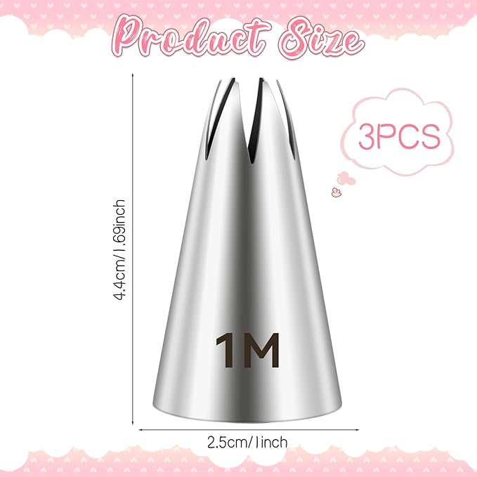 3 Pcs 1M Cake Piping Tips, Stainless Steel Icing Tips Seamless Frosting Piping Kit 1M Star Tip Nozzles for Buttercream Pipings Cake Cupcake Cookie Dessert DIY Art