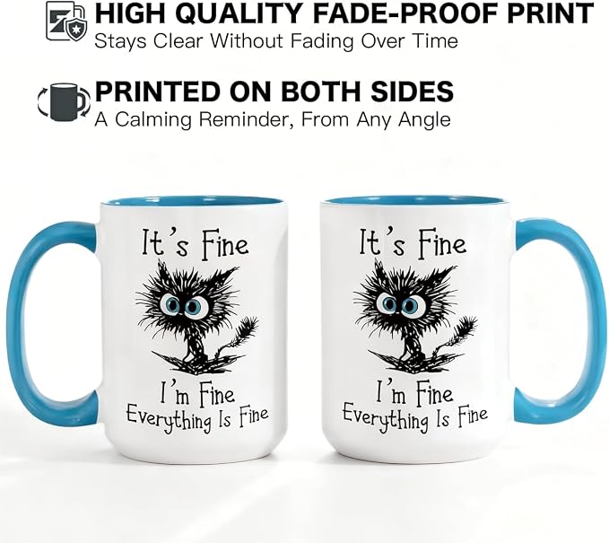 Funny Black Cat Coffee Mug, 15oz I Am Fine Everything's Fine Mug | Microwave & Dishwasher Safe, Gag Gift for Cat Lovers, Large Ceramic Mug, Double-Sided Print - Image 5