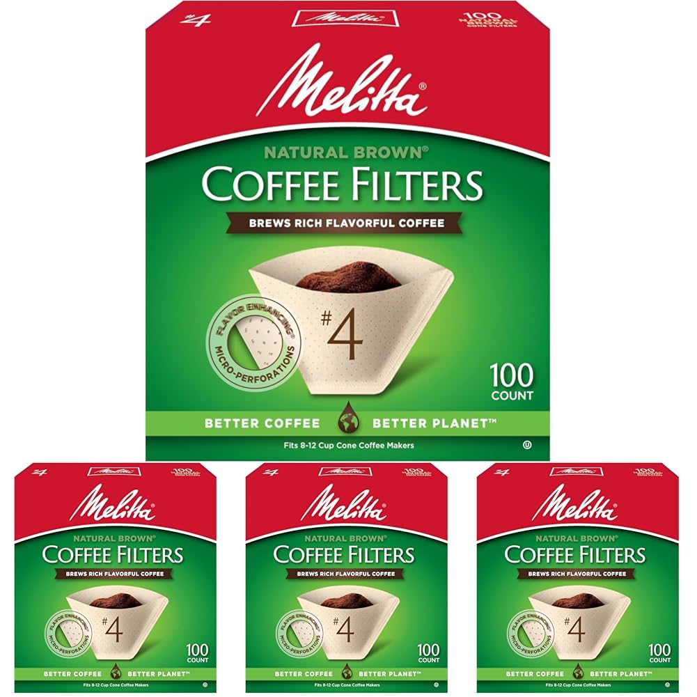 Melitta #4 Natural Brown Cone Coffee Filters – 300 Count (Pack of 3), Fits 8–12 Cup Brewers & Pour Over, Compostable