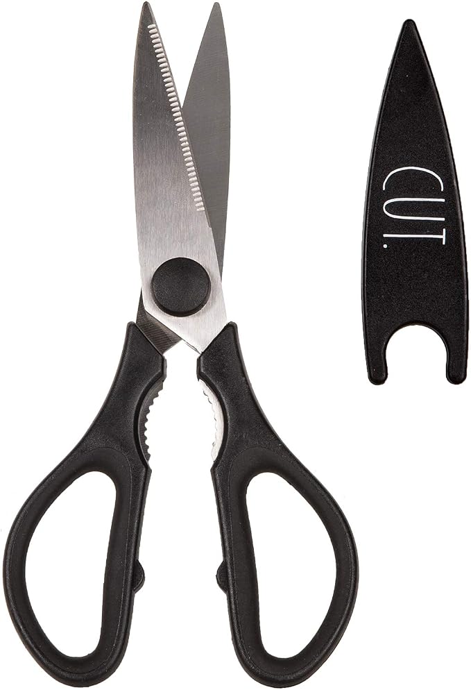 Rae Dunn Kitchen Scissors- Stainless Steel Kitchen Shears, Cooking Scissors for Cutting Meat, Chicken, Herbs and Produce with Blade Cover and Soft Grip Handles (Black) by RaeDunn