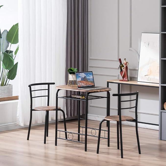 VINGLI 3 Piece Dining Set, Small Kitchen Table Set for 2, Breakfast Table Set, Kitchen Wooden Table with 2 Chairs for Small Space/Dining Room/Apartment, Metal Frame, Wine Rack, Burnt Brown - Image 4