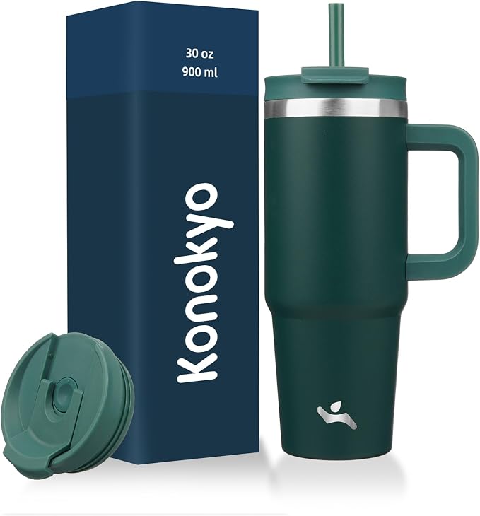 Konokyo 30 oz Insulated Tumbler Water Bottle with Handle, Straw Lid | BPA-free and dishwasher safe; made for gym, travel, coffee and gifting, 2 straws, cup holder friendly,Dark Green by Konokyo