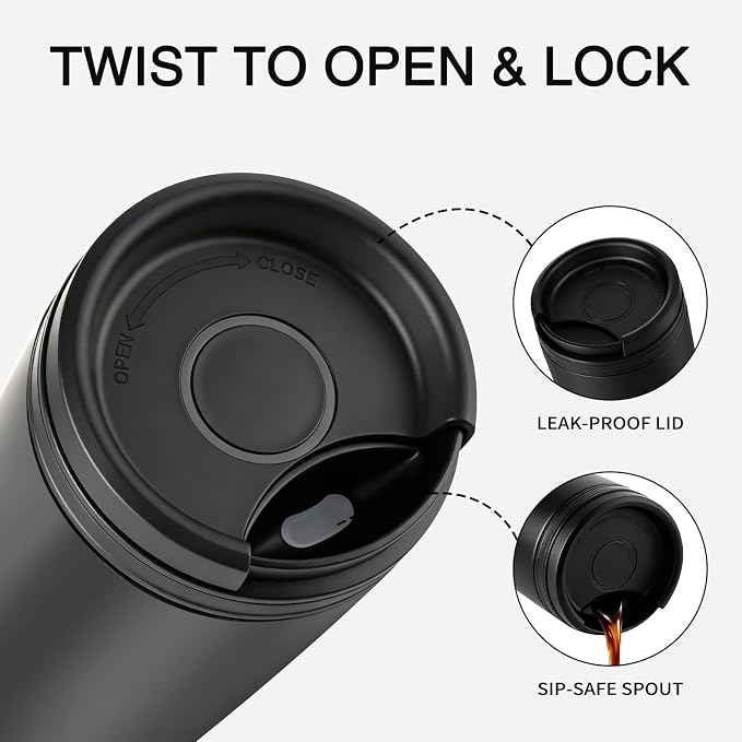 16 oz Travel Coffee Mug with Twist-Open Lid, Leak Proof Coffee Travel Mug, Insulated Tumbler Stainless Steel Coffee Cup For Hot And Iced Cold, Spill Proof Fits Cup Holder (Black) - Image 2