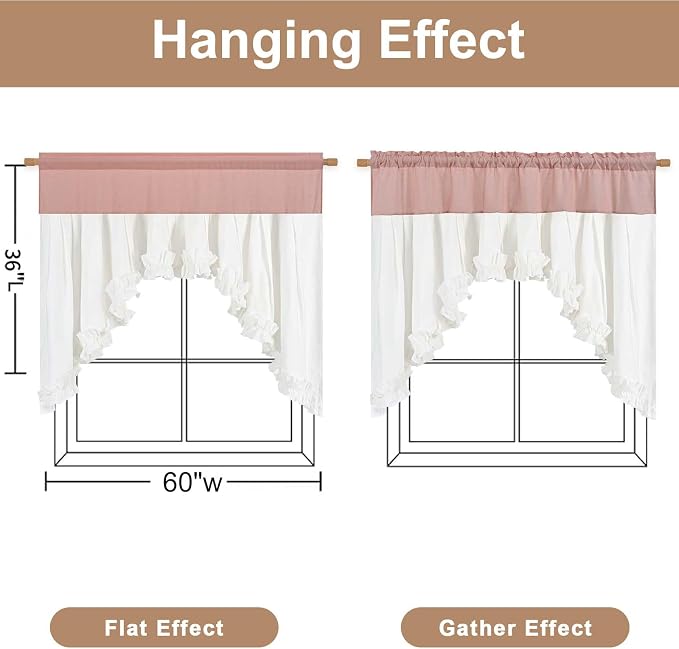 Likiyol Linen Valances for Windows Farmhouse Ruffle Swag Valance Rustic Country Window Valances Light Filtering Kitchen Curtains Rod Pocket Valance Curtains for Bathroom Cafe, Pink White, 60"W x 36"L - Image 3