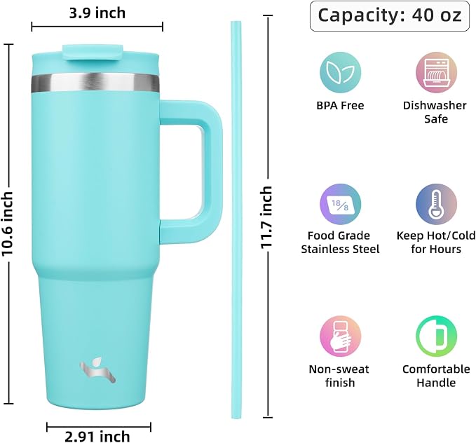 Konokyo 40 oz Insulated Tumbler Water Bottle with Handle, Straw Lid | BPA-free and dishwasher safe; made for gym, travel, coffee and gifting, 2 straws, cup holder friendly,Turquoise - Image 4