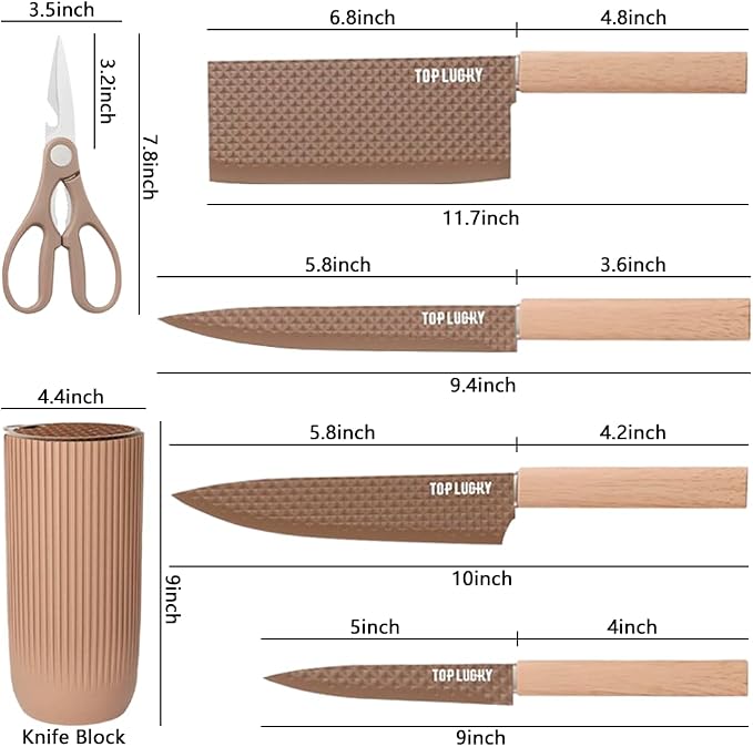 Knife Set, Wiztoynia 6-Piece Coffee Kitchen Knife Set for Home, Anti-Rust Non-stick Stainless Steel Sharp Chef Knife Set with Universal Knife Block for Kitchen, Ergonomical Design (Coffee) - Image 6