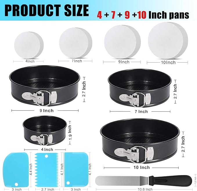 Round Cake Pan Sets for Baking Cake Decorating Supplies: 4 Non-Stick Springform Pans Set (4, 7,9,10 inches), Icing Tips, Cake Leveler – Multi-functional Leak-Proof CheeseCake Pan - Image 2