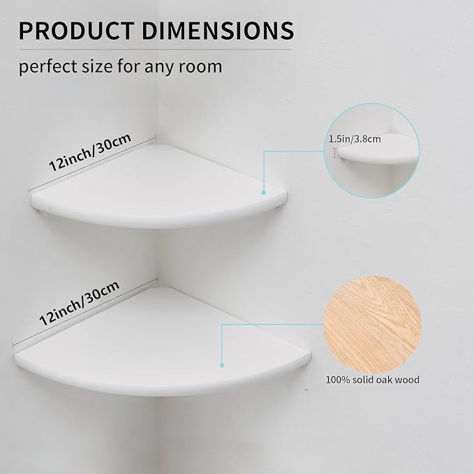 White Corner Shelf, Wall Mount 12inch Natural Oak Wood Floating Corner Wall Shelf Round End Small Corner Nightstand Plant Shelf for Bedroom, Kitchen, Living Room Set of 2 - Image 5
