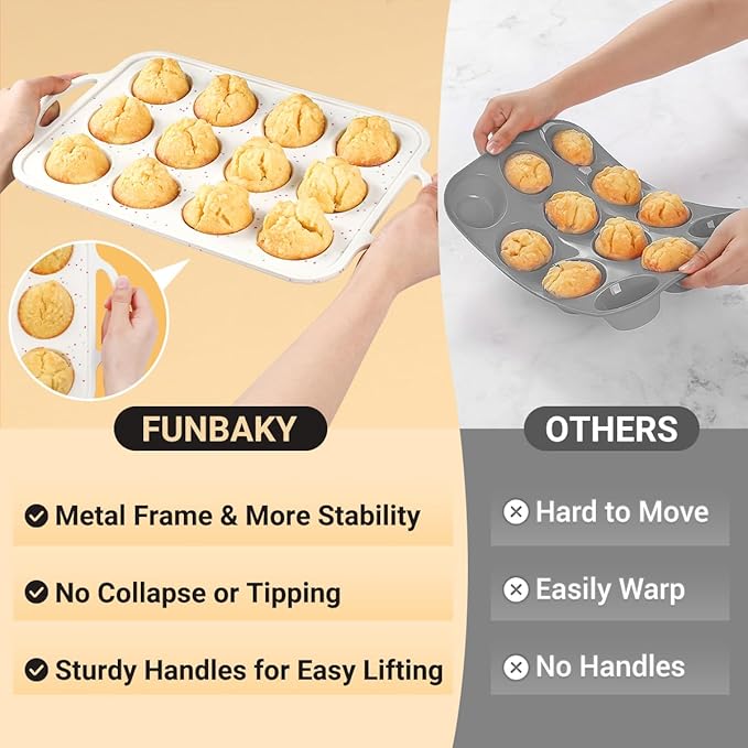 FUNBAKY Silicone Muffin Pans for Baking, Metal Reinforced Frame 12 Cups Regular Size Silicone Cupcake Pan Nonstick Muffin Tin for Baking Muffin, Cupcake, Frittatas,BPA Free, Dishwasher Safe