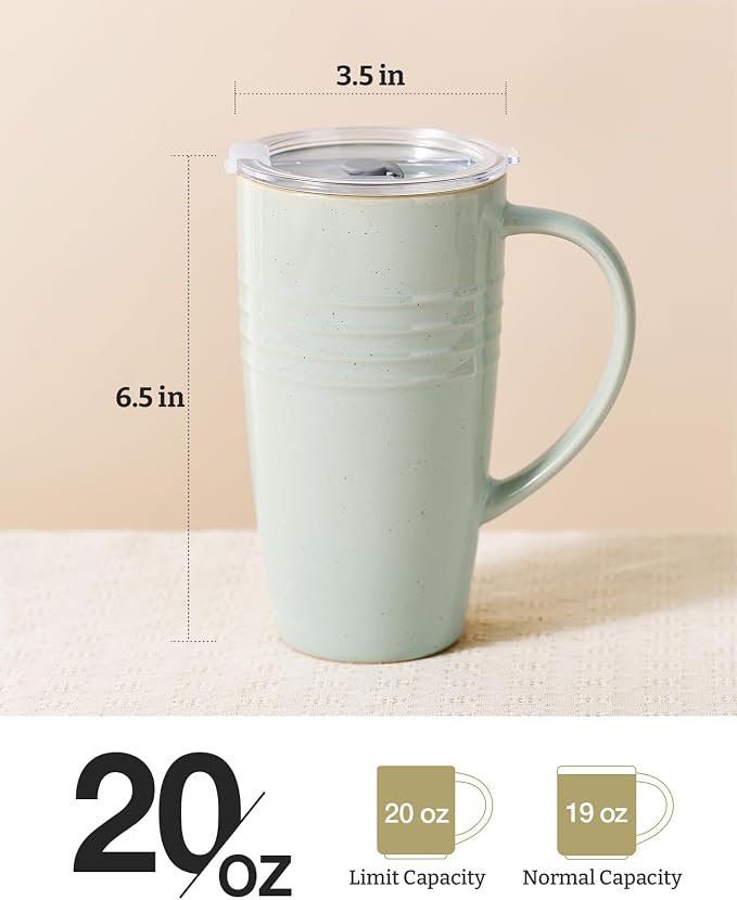 famiware Jupiter Large Coffee Mug, 20oz Coffee Mug with Lid, Ceramic Mugs Set of 2, Cup Set with Handle for Latte, Tea, Cocoa, Milk, Microwave and Dishwasher Safe, Light Blue and Light Green - Image 4