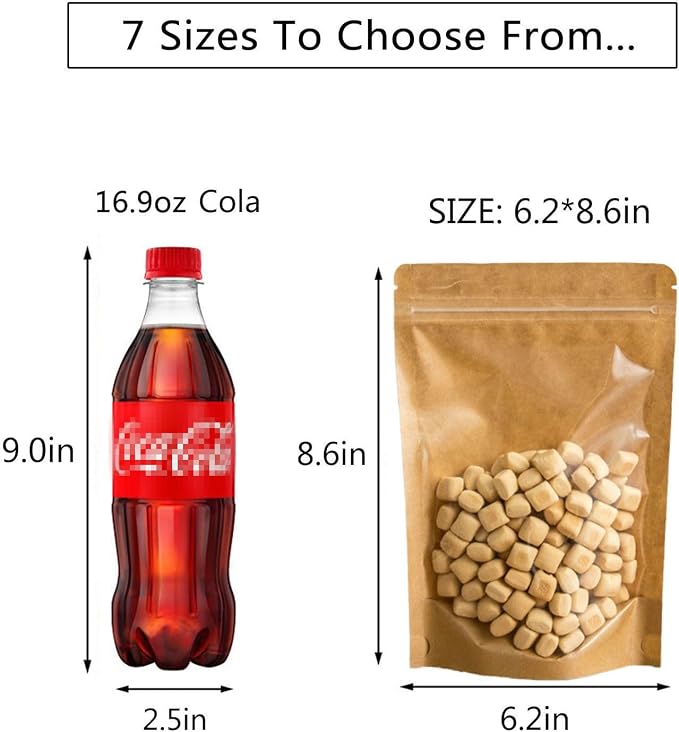 50pcs Kraft Bags With Window Clear Fornt Pouches Resealable Stand Up Zip Lock Food Storage Bags Brown 6.2"x8.6" - Image 5