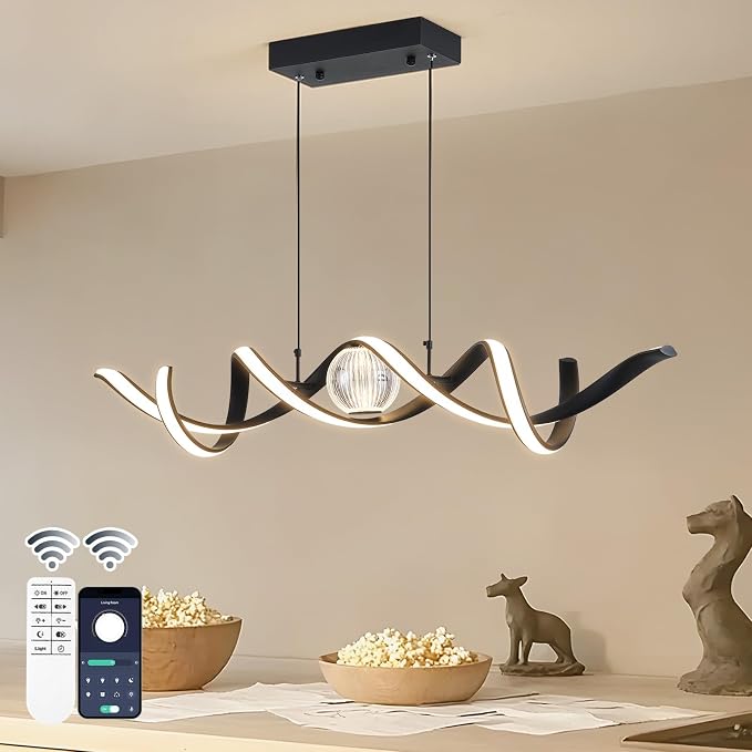 ORANOOR Modern LED Pendant Lights, Dimmable 39in Spiral Wave LED Chandelier | Linear Swivel Black Dining Room Hanging Lighting Fixtures, Kitchen Island Pendant Light Chandelier for Dining Table (2340lm) - Image 2