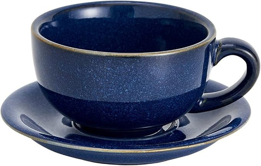 Coffeezone Vintage Design 12 oz Ceramic Latte Art Cappuccino Barista Cup with Saucer (Dark Blue) by Coffeezone