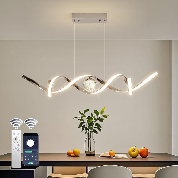 ORANOOR LED Modern Chandeliers 39inch Dimmable Chrome Kitchen Pendant Light | Silver LED Chandelier Lights for Dining Room, Linear Wave Spiral Pendant Light Fixtures, Dining Lights Ceiling Hanging, 36W by ORANOOR