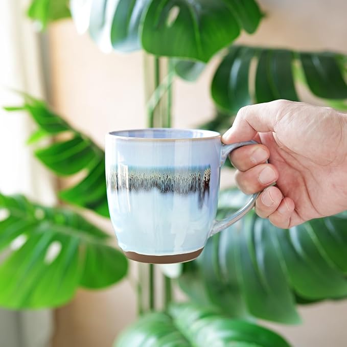 Bosmarlin Ceramic Coffee Mug Set of 4, 17 Oz, Stoneware Coffee Cups with Big Handle, Microwave Safe, Unique Reactive Glaze (17 Oz, Light Blue) - Image 6