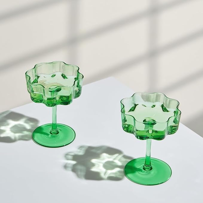 Flower Scalloped Vintage Wavy Petals Wave Glass Coupes 7oz Colorful Martini, Champagne & Cocktails, 2 Sage Green Set Amber Rippled Champagne Glasses, Elegant Bar Glassware, Aesthetic Coupe Glassware by Khen