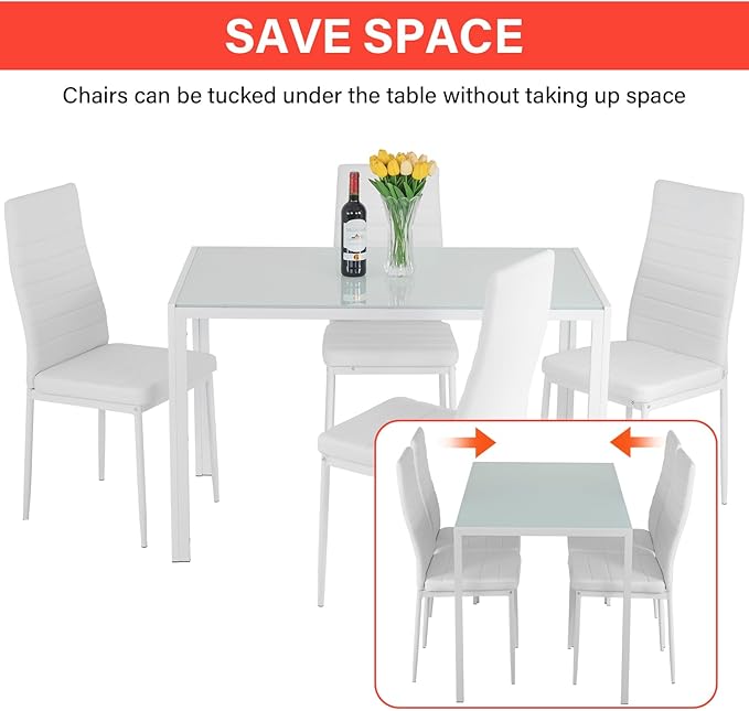 FDW | 5-Piece Dining Table Set | White | Glass Kitchen Table with 4 Upholstered Chairs and Faux Leather Cushions | Space-Saving and Modern Design | for Dining Room, Easy to Assemble - Image 5