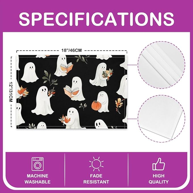 Feelyou Happy Halloween Placemats Set of 4 Cute Ghost Table Mats for Party Kitchen Dining Decoration Black Orange White Place Mat for Table Holiday Decor Indoor Outdoor 18"x12" Pumpkin Lantern - Image 4