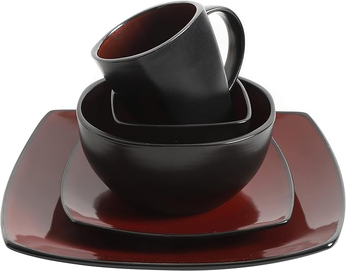 Gibson Elite Soho Lounge Square Reactive Glaze Stoneware Dinnerware Set, Service for 8 (40pc), Red/Black - Image 5