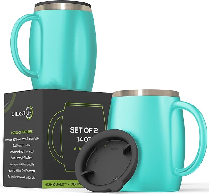Stainless Steel Insulated Coffee Mugs Set of 2 (14oz) Double Wall Coffee Cups With Spill Resistant Lid & Handle – Shatterproof Cups for Cold & Hot Drinks for Indoor & Outdoor Use (Aqua Blue) by CHILLOUTLIFE