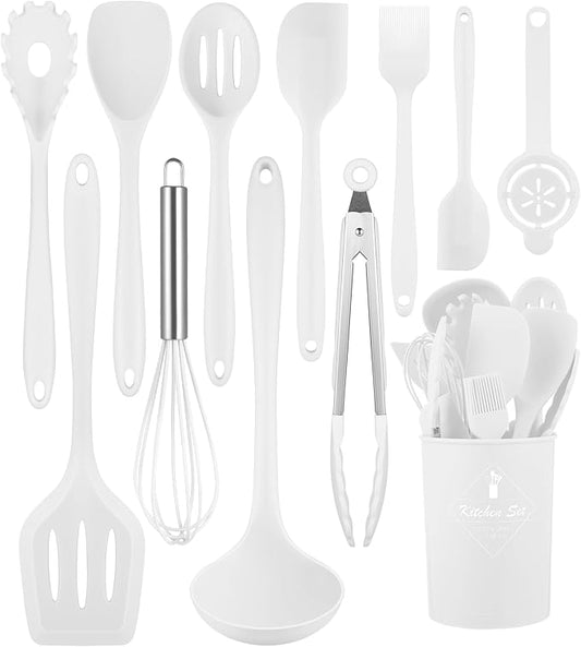 White Kitchen Utensils Set-12 Pieces Silicone Cooking Utensils Set | Dishwasher Safe 392°F Heat Resistant Spatula Set Kitchen Utensil Set for Nonstick Cookware,Best Kitchen Tools with Holder by Pranski