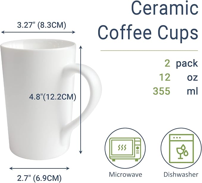 2 Pack 12 OZ Ceramic Coffee Cup Simple Pure White Ceramic Cup Plain Large Tall White Milk Tea Coffee Mug with Handle - Image 2