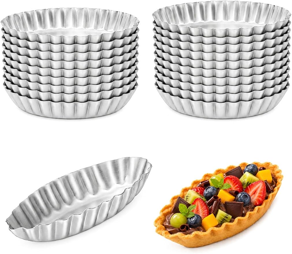 20Pcs Boat Egg Tart Molds for Baking, Fluted Aluminum Tart Pans, L | Non-Stick Barquette Tartlet Pie Shell Pans Tins Reusable Mini Quiche Pie Tray Cookie Molds Frech Dessert by ISKYBOB