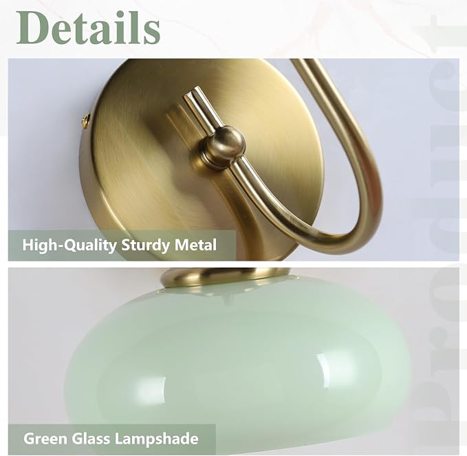 Mid Century Wall Sconce Green Glass Globe Wall Lamp for Dining Room Modern Gold Semi Flush Mount Hard-Wired Wall Light Fixture for Hallway, Kitchen, Indoor Use - Image 3